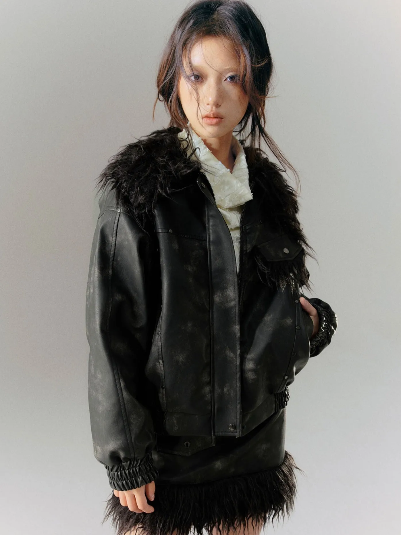 Fur Collar Splicing Tie-dye Leather Jacket