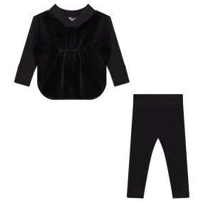 Black Velour Girls Set V-neck Yoke Two Piece - Essentials Collection