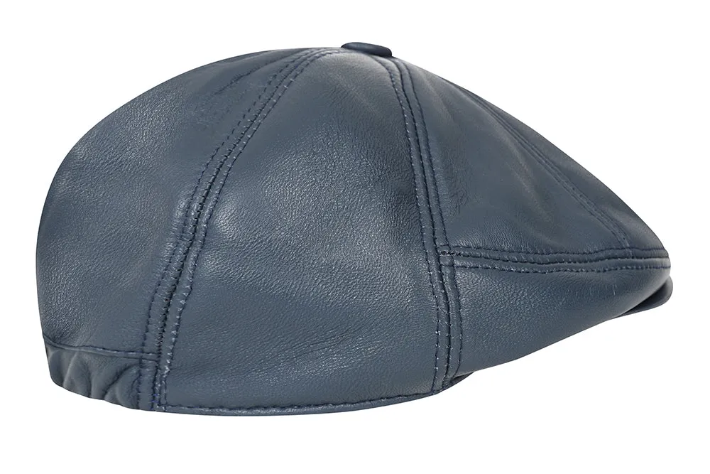 Genuine Navy Blue Leather London Flat Cap