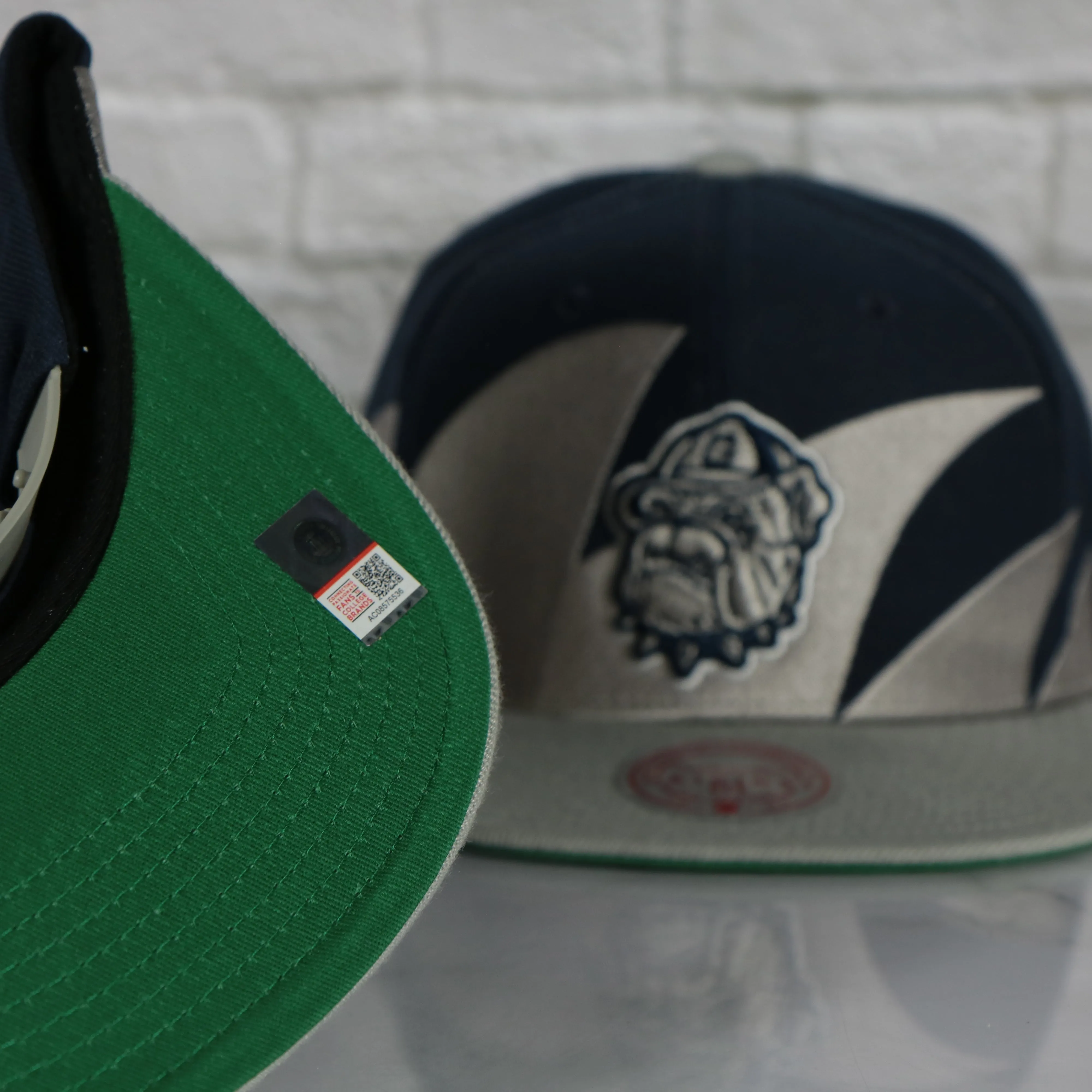 Georgetown University Hoyas Mitchell and Ness Snapback Hat - Vintage Retro Sharktooth Design - Gray/Navy Blue