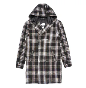 Gilbert Black Plaid Wool Coat with Hood - M4044