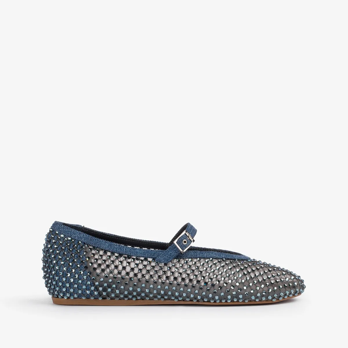 GILDA BALLET FLAT Denim blue fishnet ballet flat with Crystals