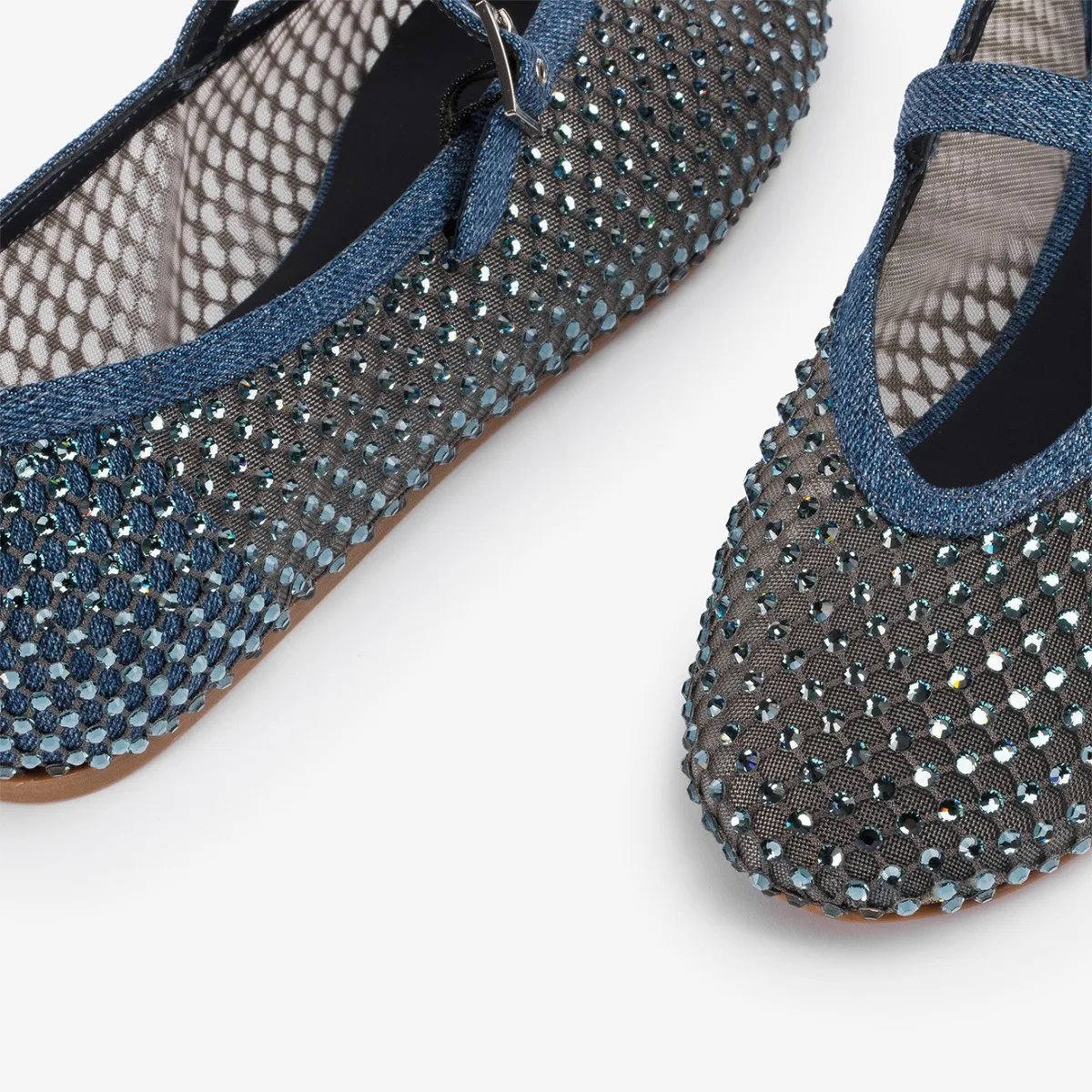 GILDA BALLET FLAT Denim blue fishnet ballet flat with Crystals