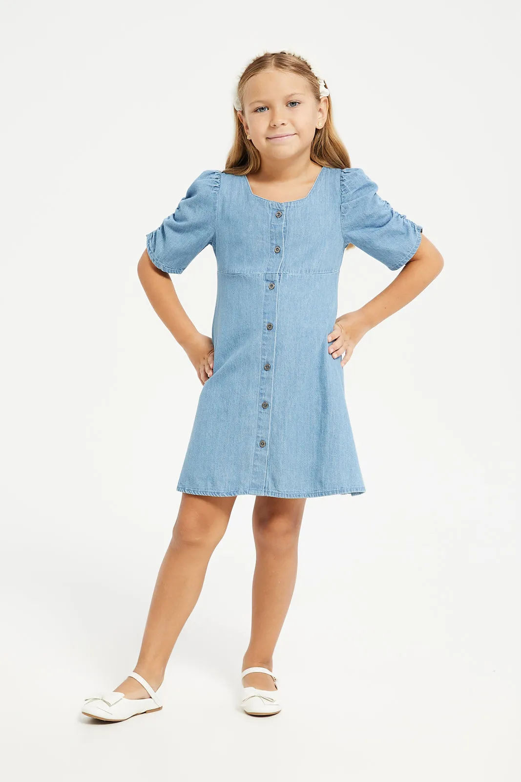 Girls Blue Front Open Denim Dress