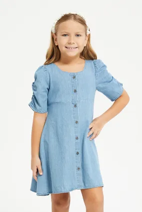 Girls Blue Front Open Denim Dress