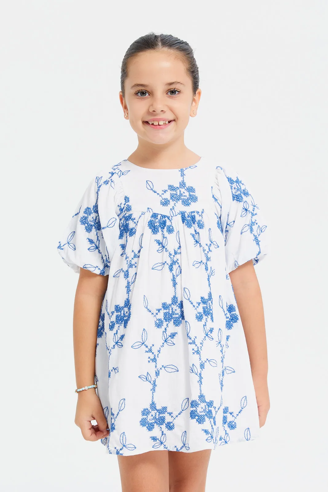 Girls White And Blue Embroidered Dress