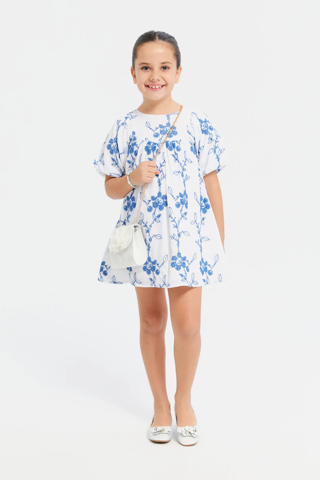 Girls White And Blue Embroidered Dress