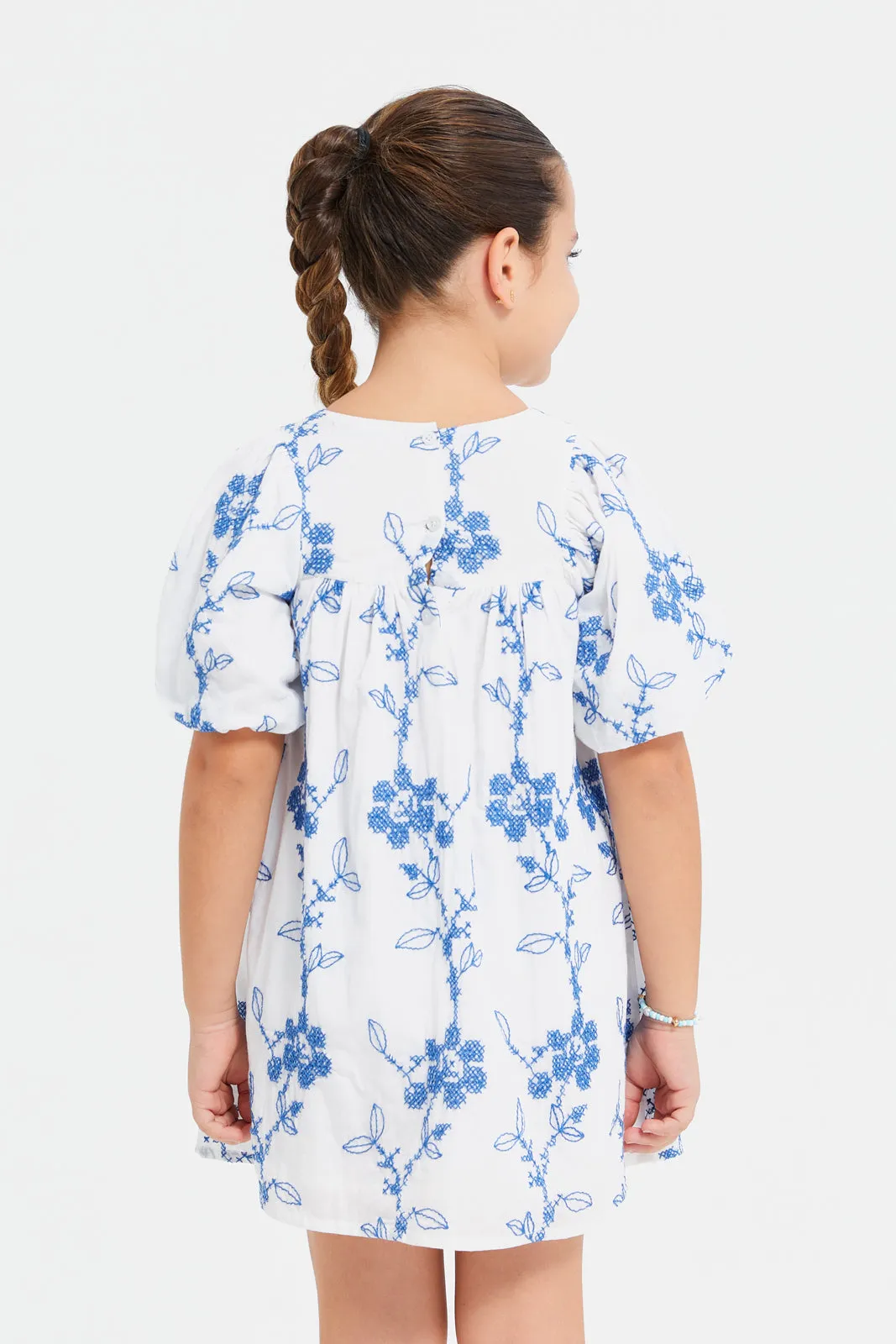 Girls White And Blue Embroidered Dress