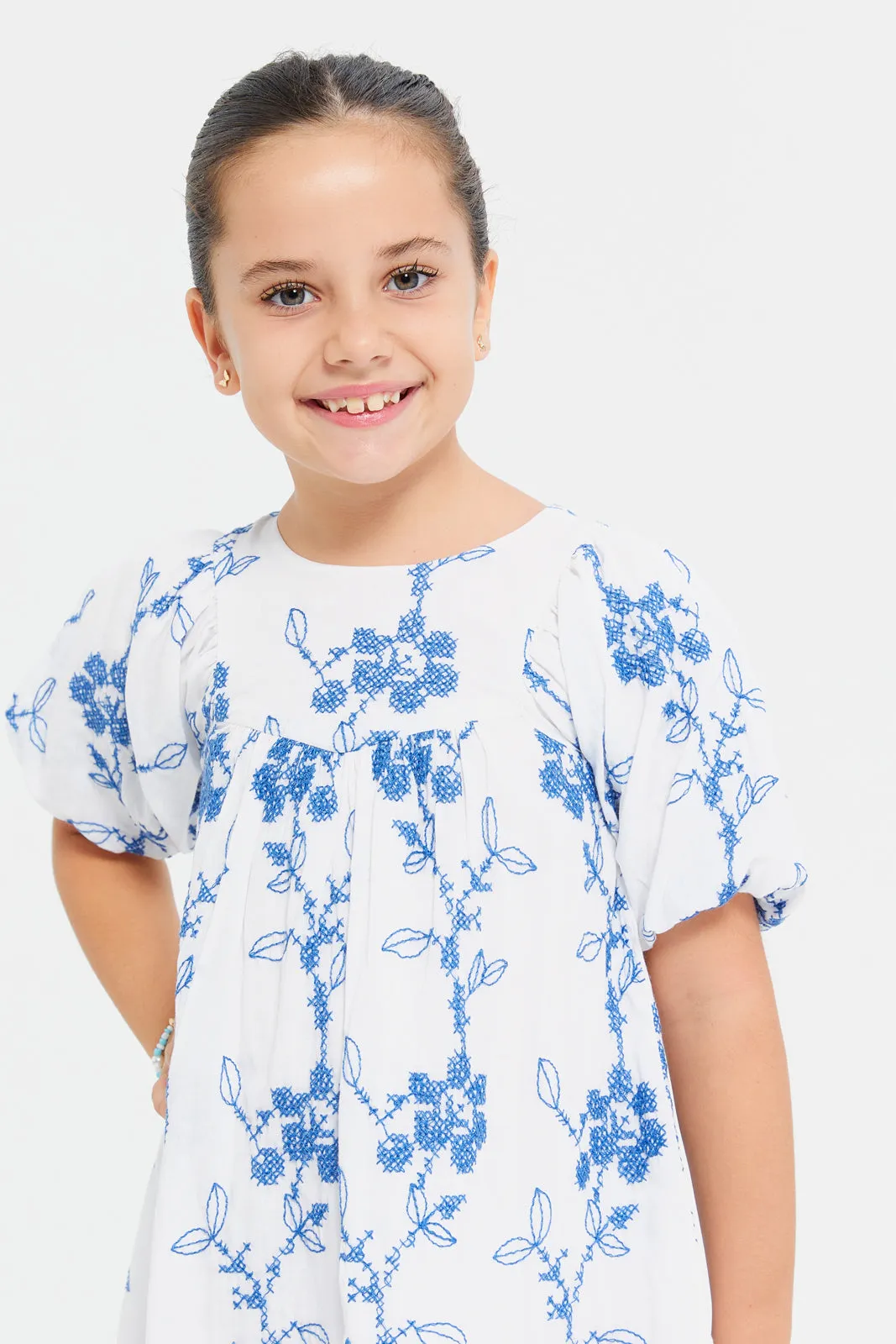 Girls White And Blue Embroidered Dress