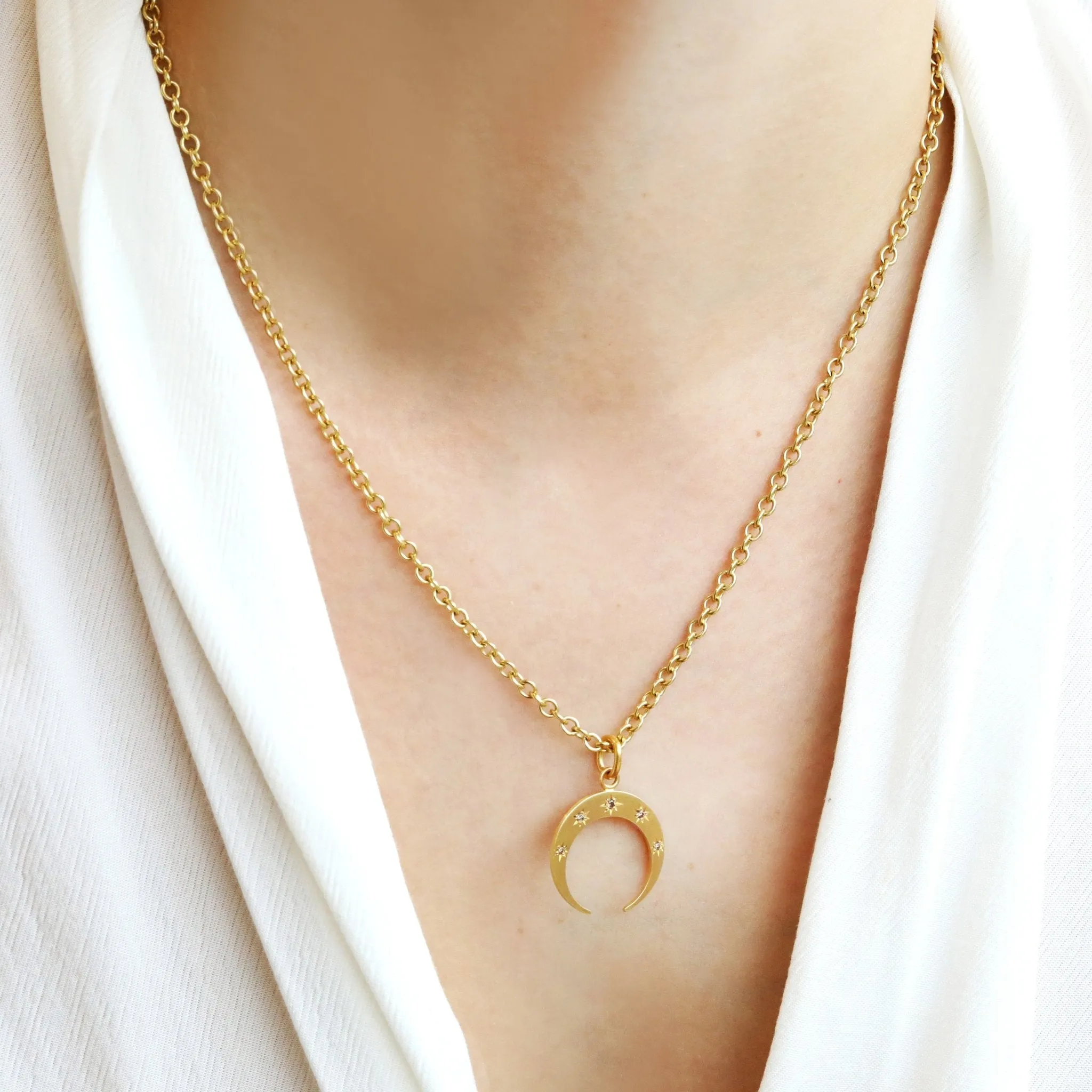 Gold Crescent Moon Pendant with Five Star-Set Cognac Diamonds