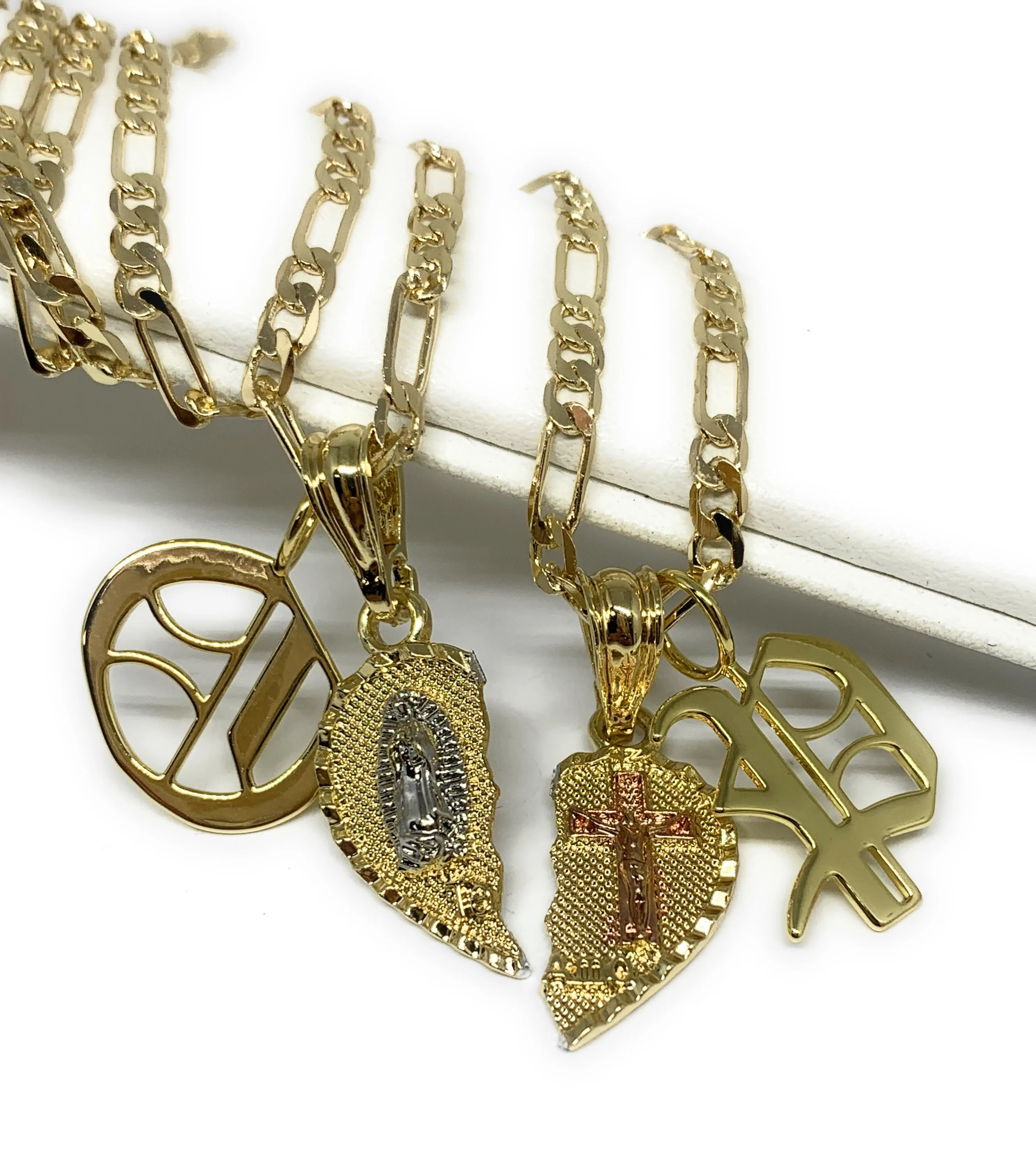 GOLD PLATED TRI-COLOR VIRGIN MARY & CHRIST TE AMO HEART SPLIT PENDANT & OLD ENGLISH INITIAL LETTER TWO NECKLACE SET 24