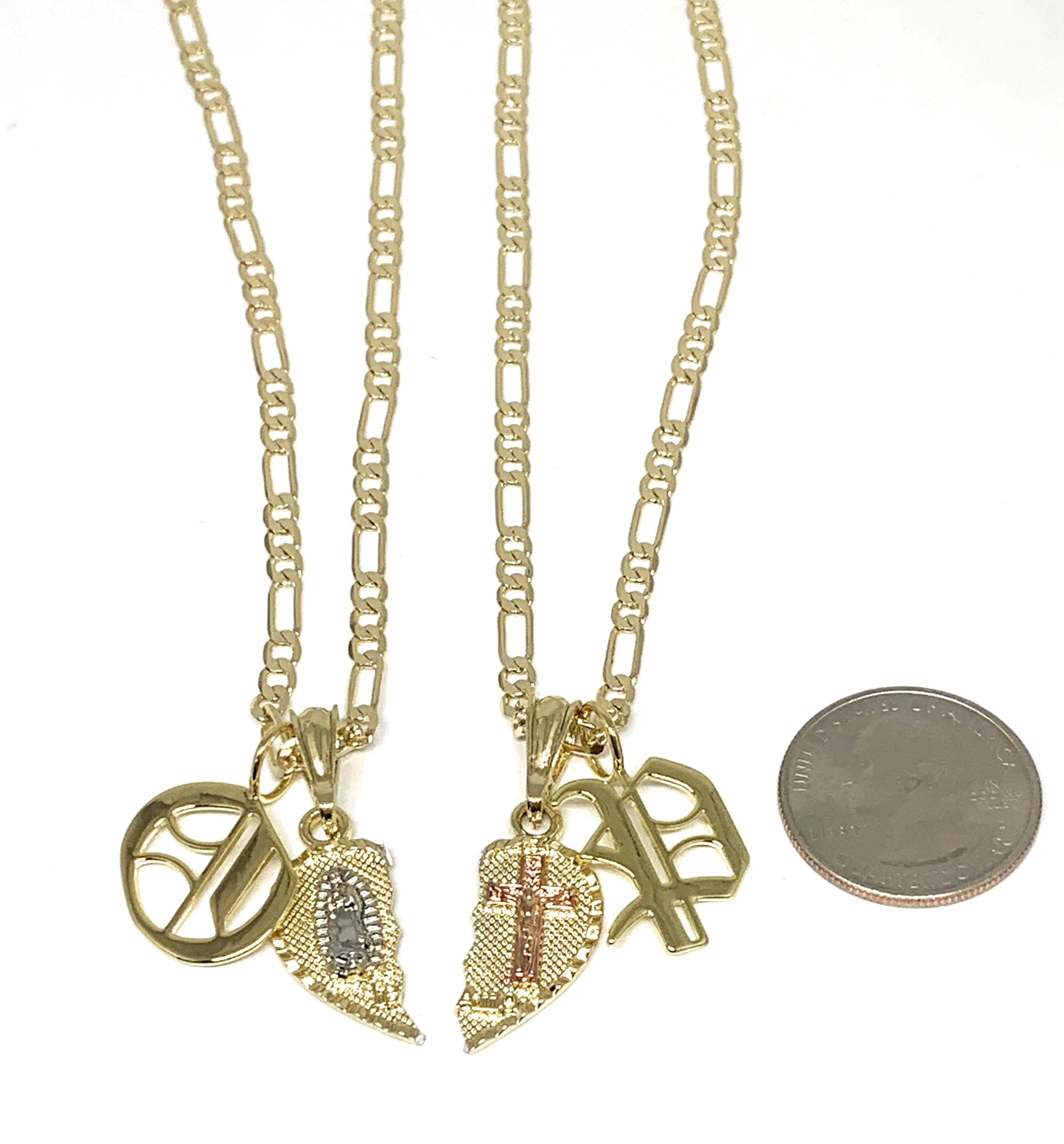 GOLD PLATED TRI-COLOR VIRGIN MARY & CHRIST TE AMO HEART SPLIT PENDANT & OLD ENGLISH INITIAL LETTER TWO NECKLACE SET 24