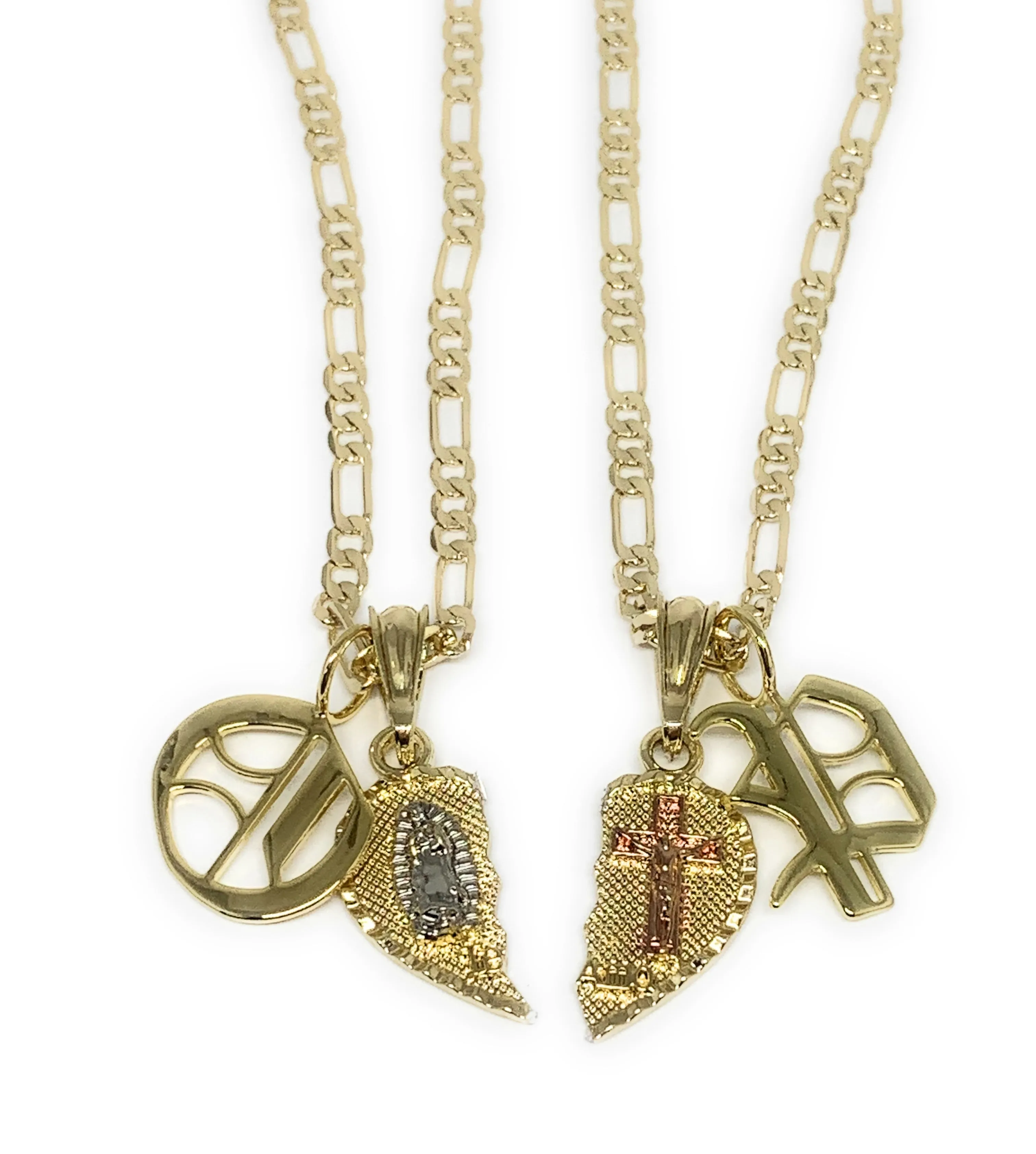 GOLD PLATED TRI-COLOR VIRGIN MARY & CHRIST TE AMO HEART SPLIT PENDANT & OLD ENGLISH INITIAL LETTER TWO NECKLACE SET 24