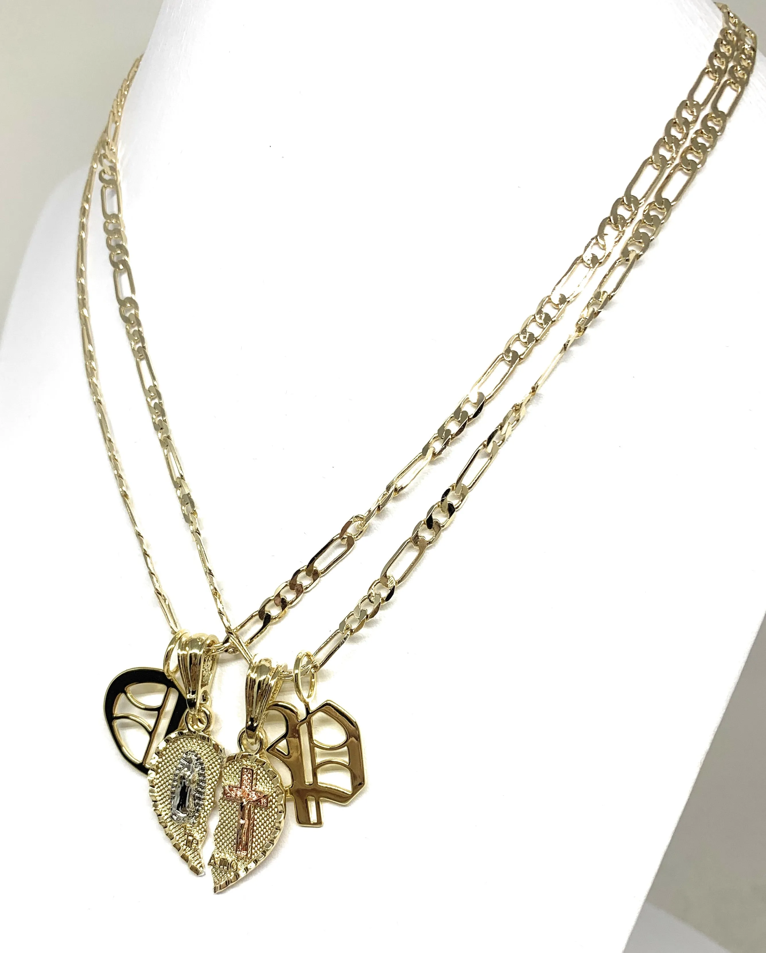 GOLD PLATED TRI-COLOR VIRGIN MARY & CHRIST TE AMO HEART SPLIT PENDANT & OLD ENGLISH INITIAL LETTER TWO NECKLACE SET 24