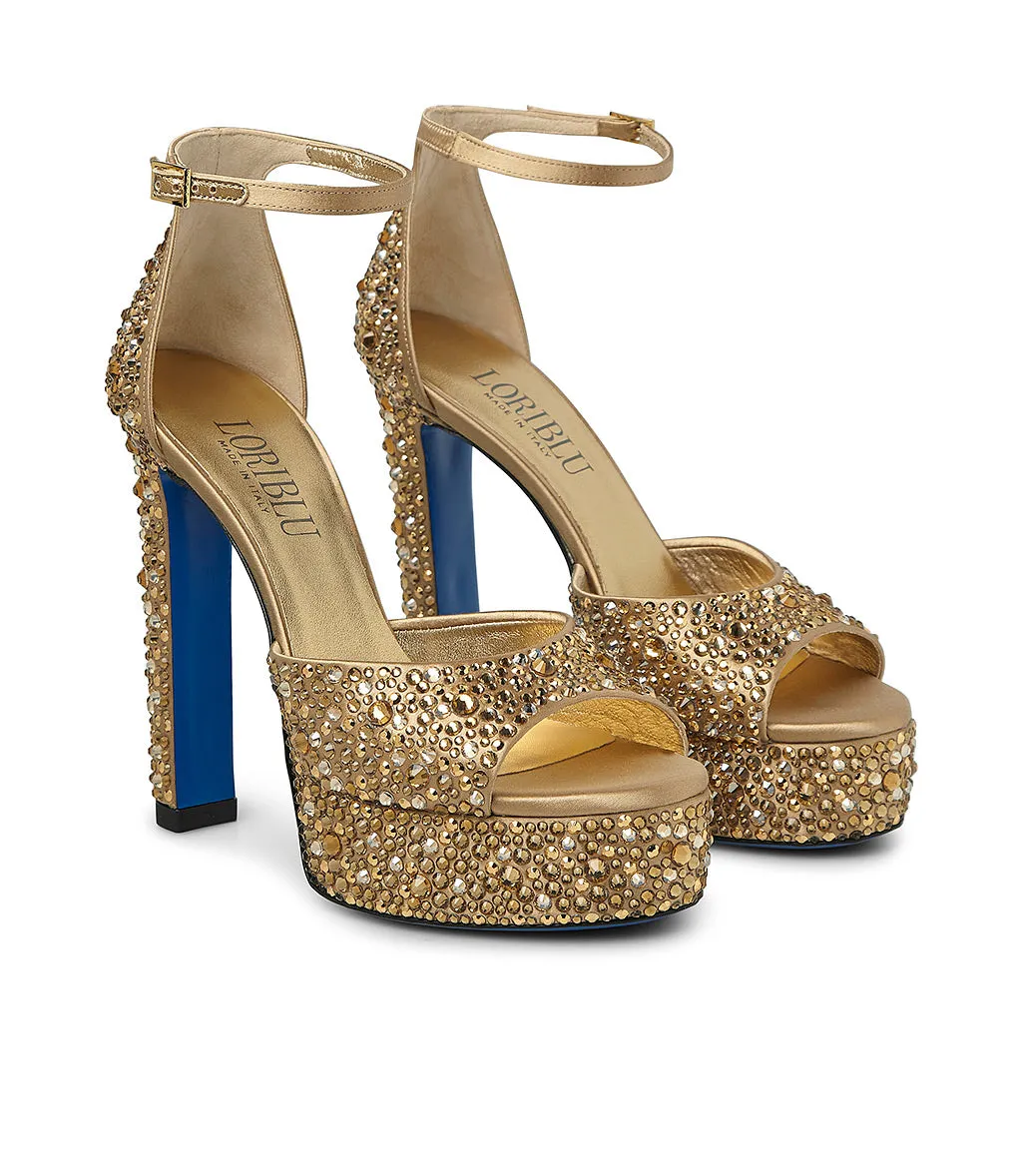 Golden leather platform sandals with crystals