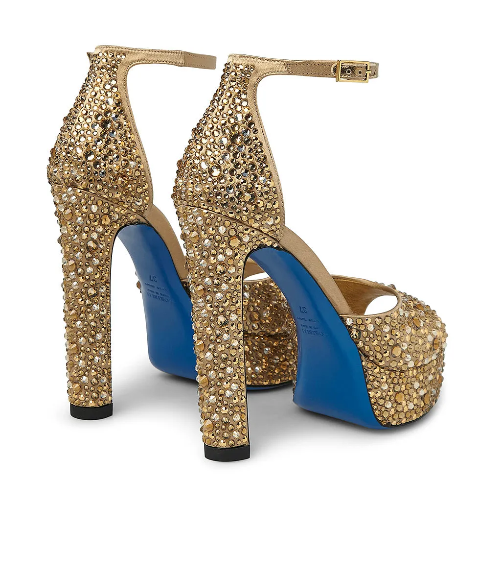 Golden leather platform sandals with crystals