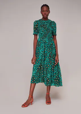 Green Painted Leopard Shirred Dress