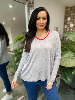 Grey Crochet V Neck Knit Libby