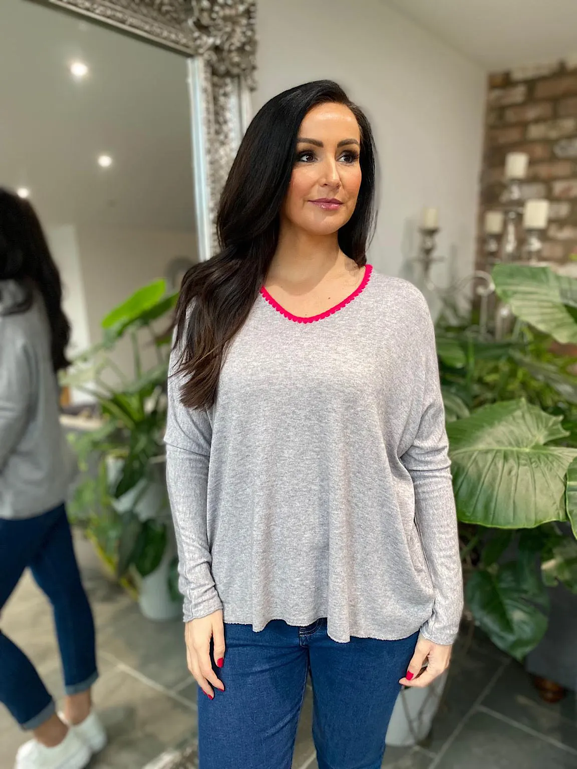 Grey Crochet V Neck Knit Libby