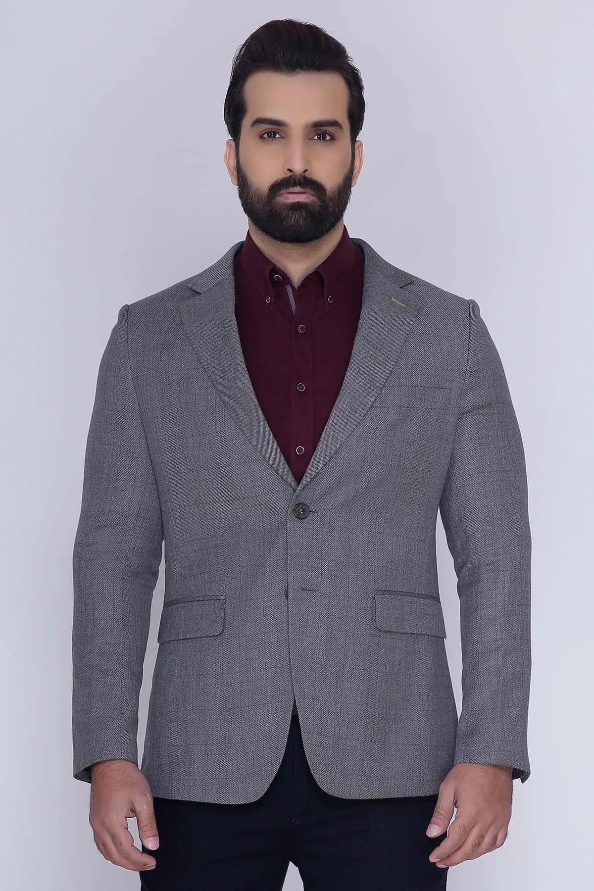 Grey Slim Fit Casual Coat with 2 Buttons,