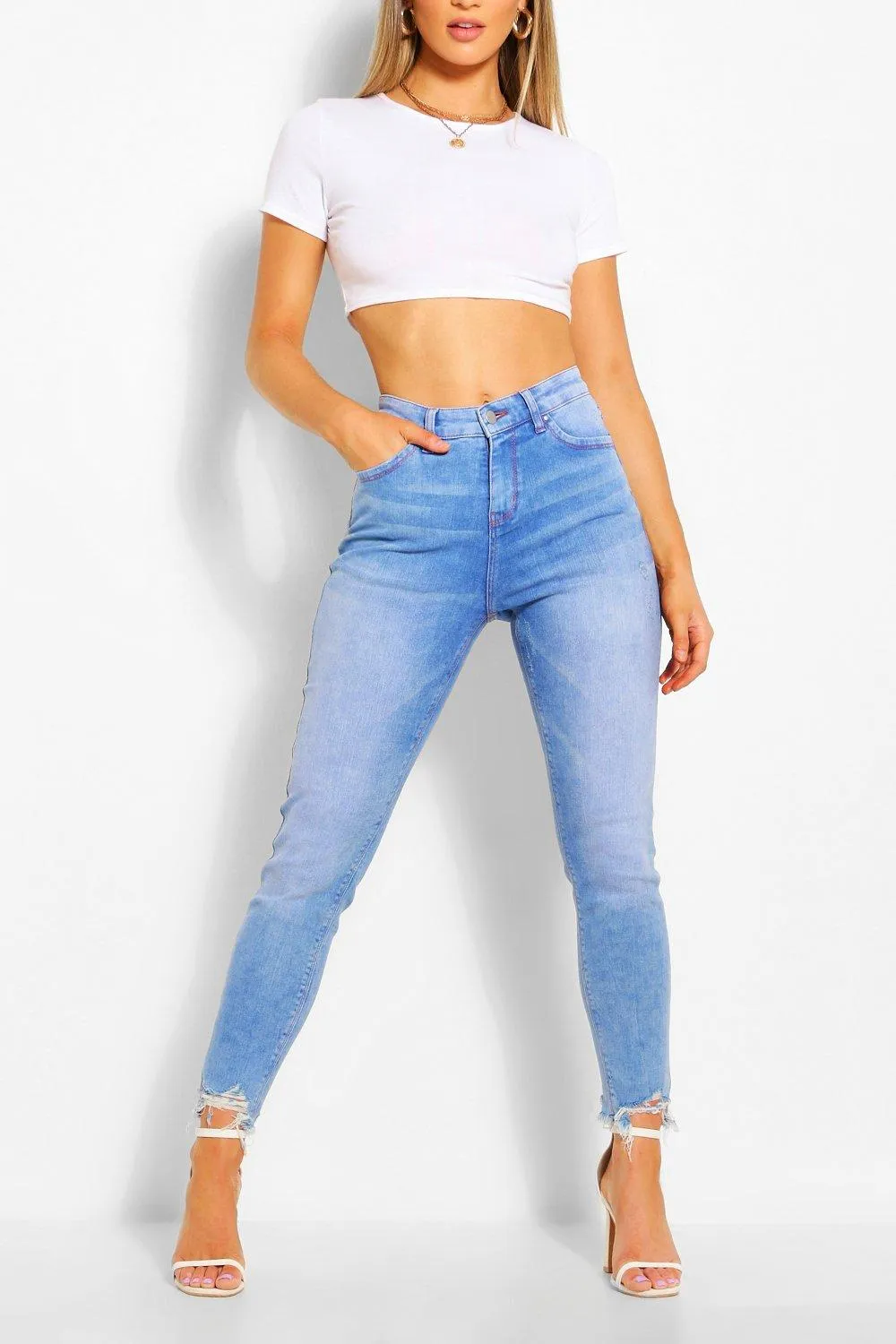 High Waist Frayed Hem Stretch Skinny Jeans