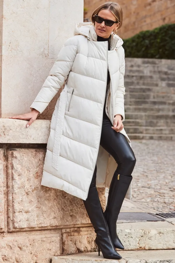 Ivory Longline Padded Coat with Removable Hood