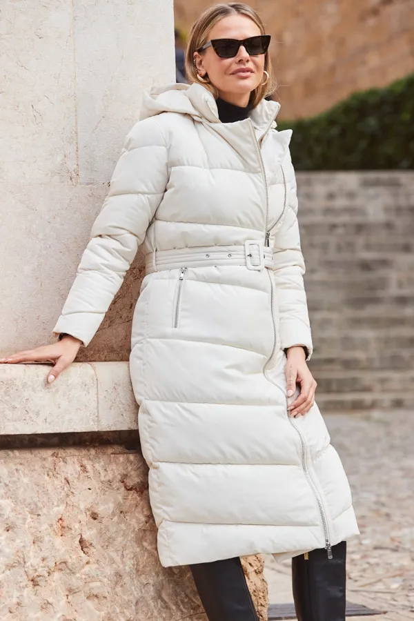 Ivory Longline Padded Coat with Removable Hood