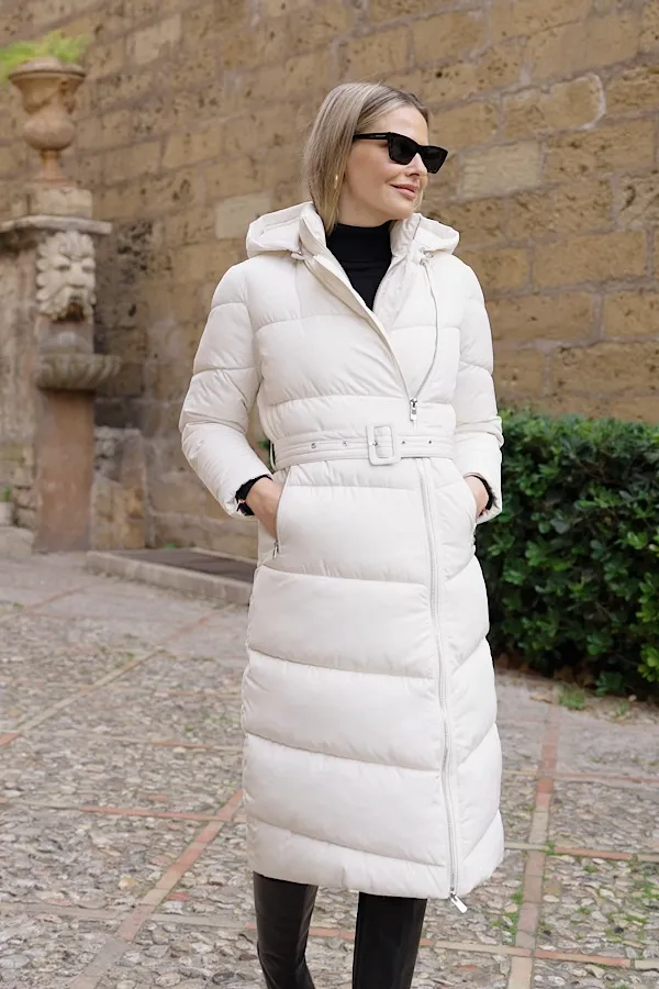 Ivory Longline Padded Coat with Removable Hood