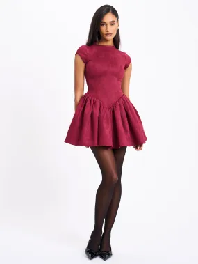 Jacqueline Backless Burgundy Mini Puffy Suede Dress