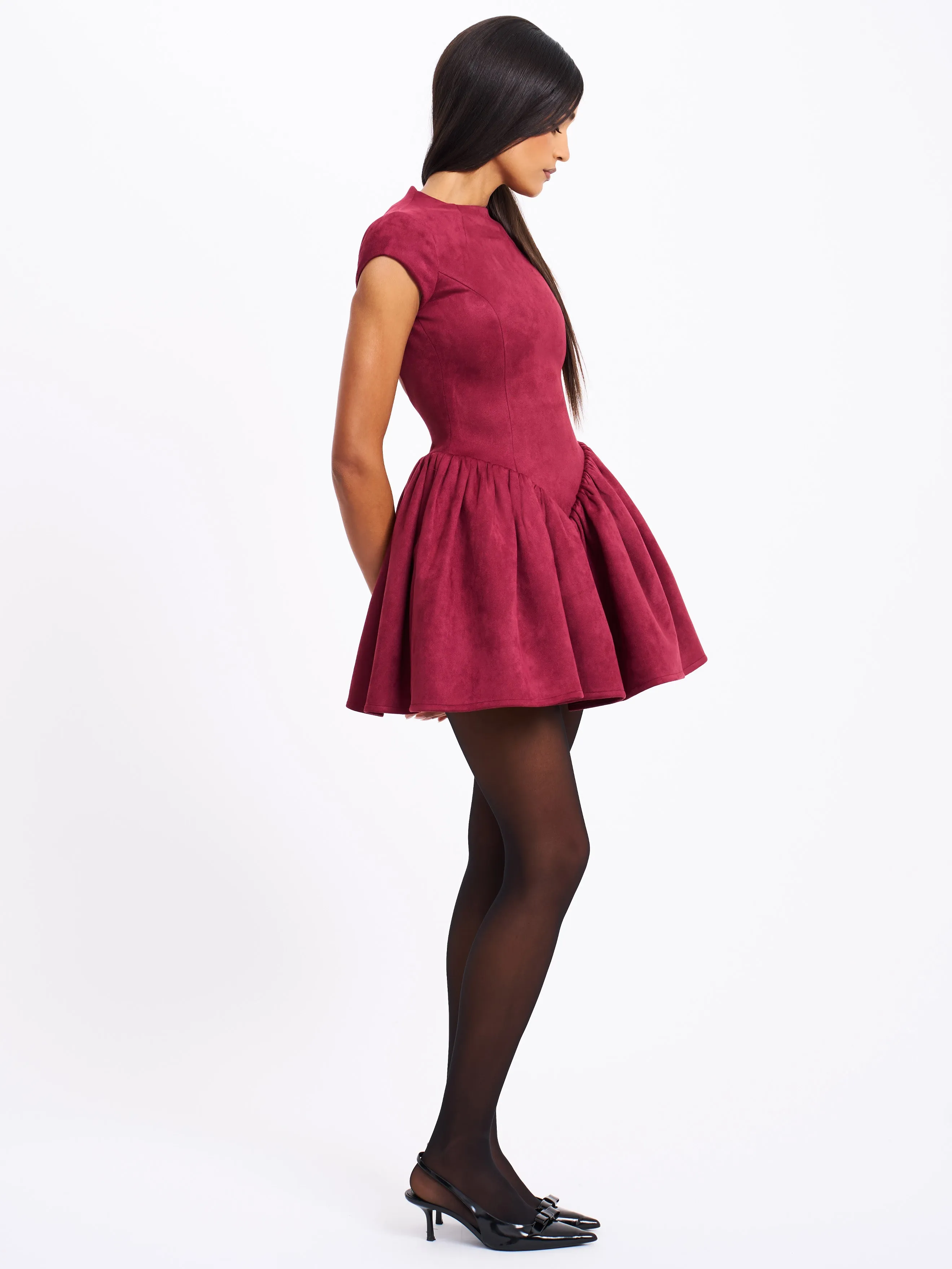 Jacqueline Backless Burgundy Mini Puffy Suede Dress