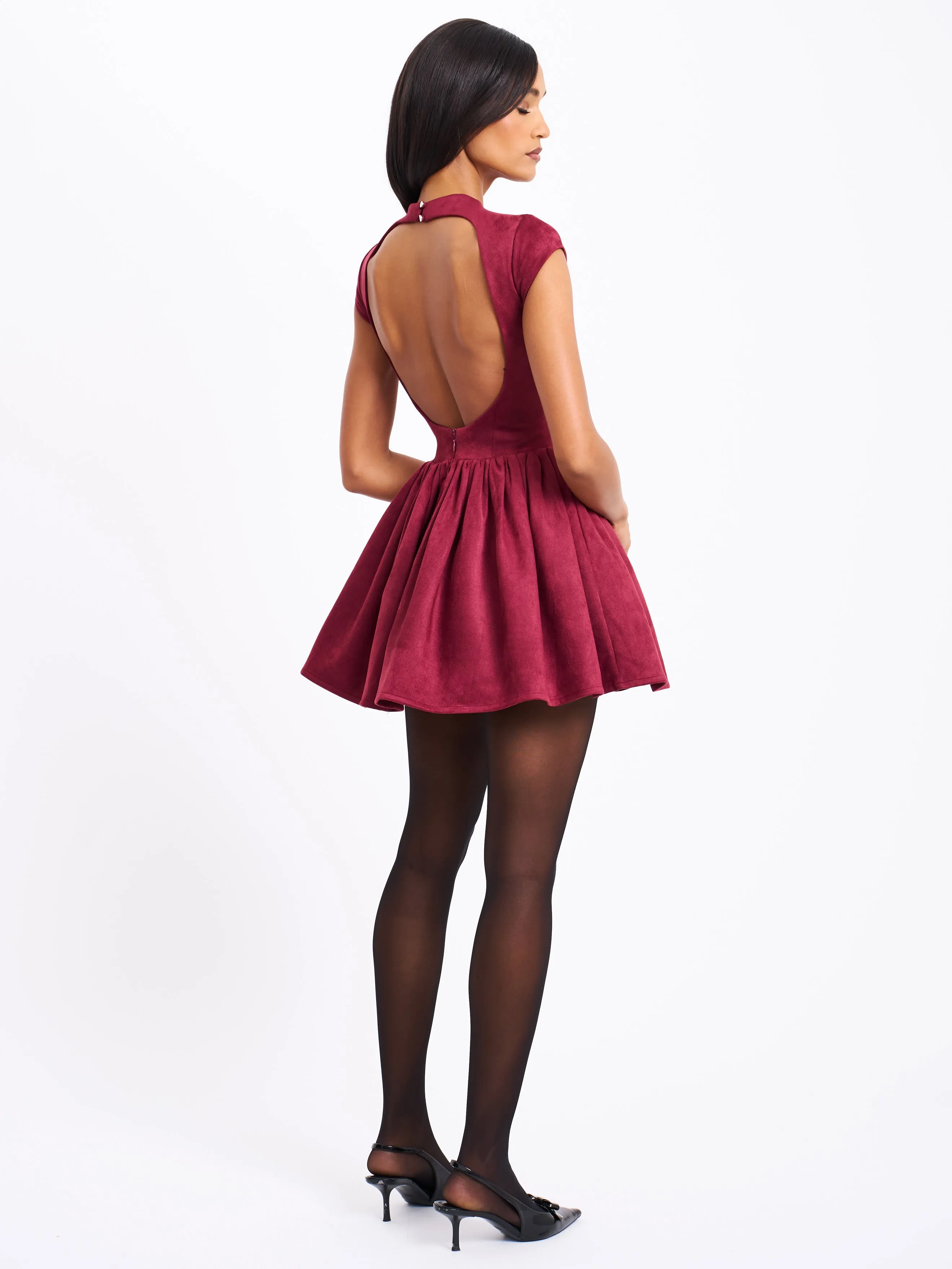 Jacqueline Backless Burgundy Mini Puffy Suede Dress