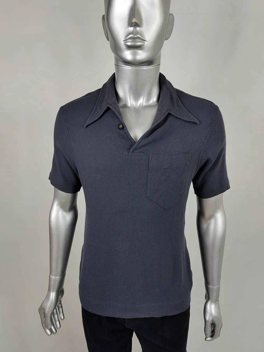 Joe Casely-Hayford Vintage Mens Greyish Navy Blue Knit Polo Top, 1990s