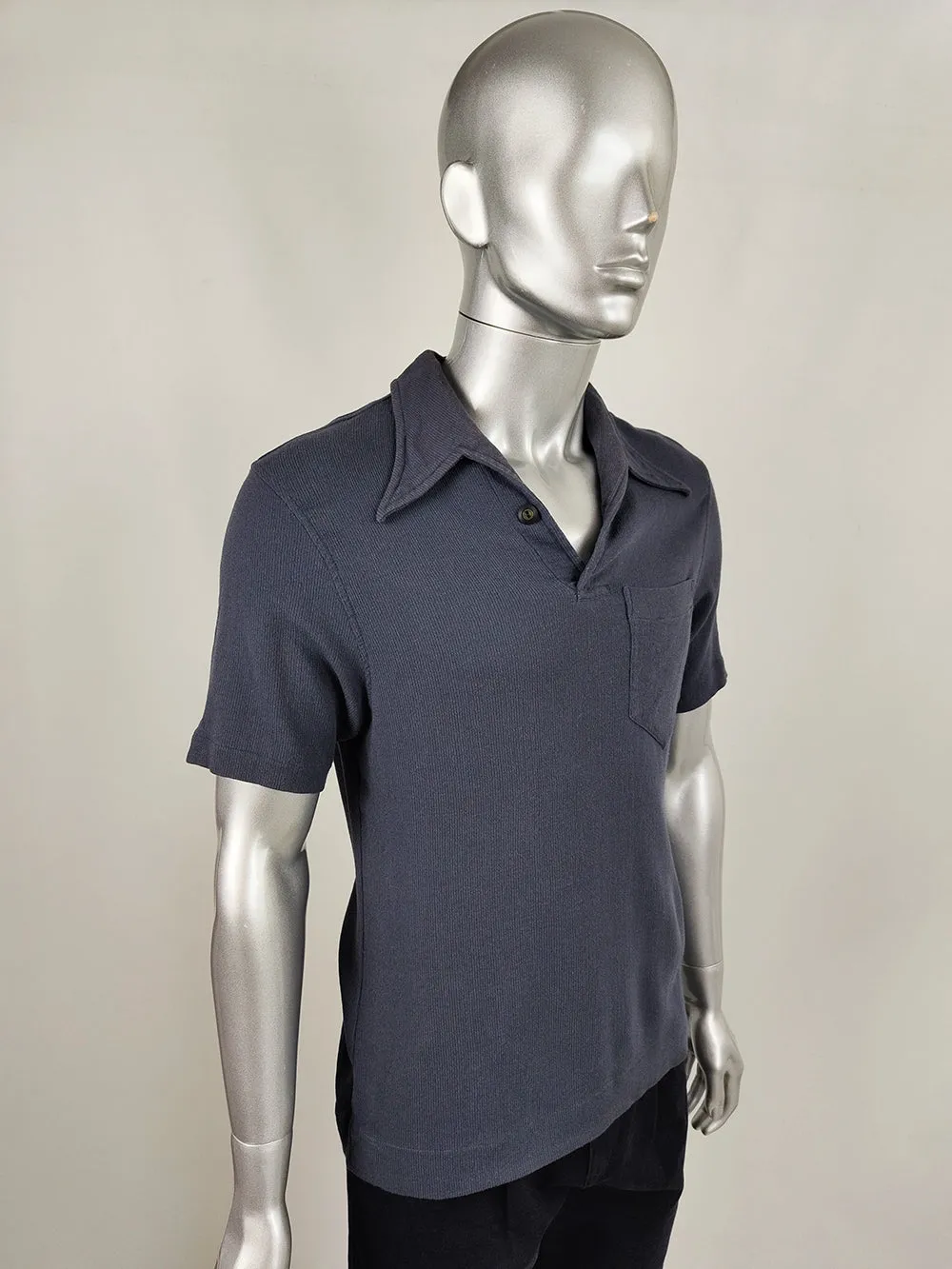 Joe Casely-Hayford Vintage Mens Greyish Navy Blue Knit Polo Top, 1990s