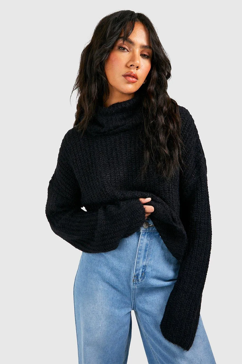 Jumpers & Cardigans | Fluffy Knit Roll Neck Crop Jumper | boohoo