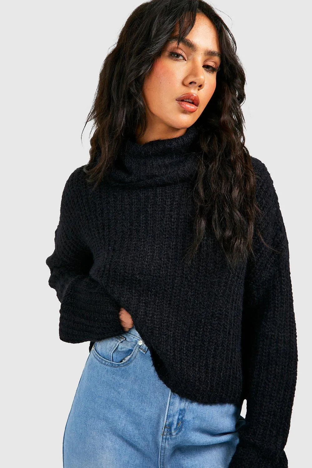 Jumpers & Cardigans | Fluffy Knit Roll Neck Crop Jumper | boohoo