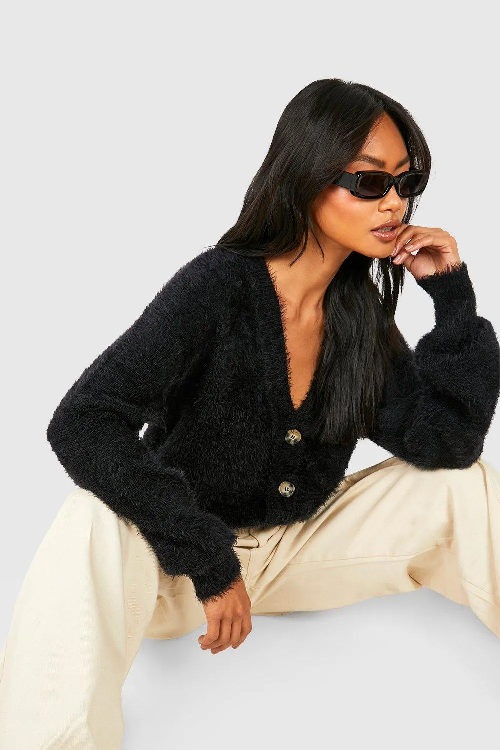 Fluffy Knit Slouchy Crop Cardigan - Jumpers & Cardigans - boohoo