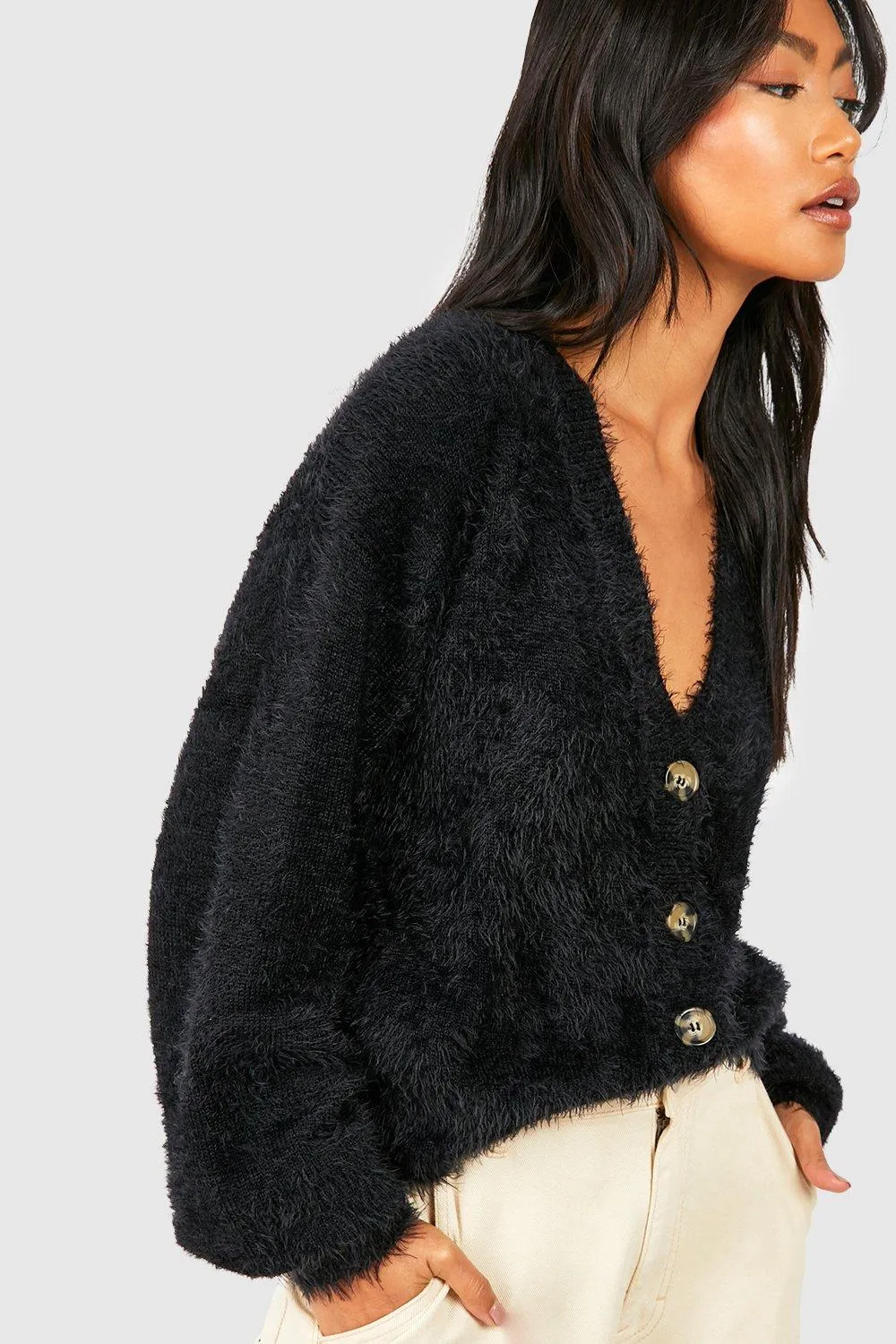 Fluffy Knit Slouchy Crop Cardigan - Jumpers & Cardigans - boohoo