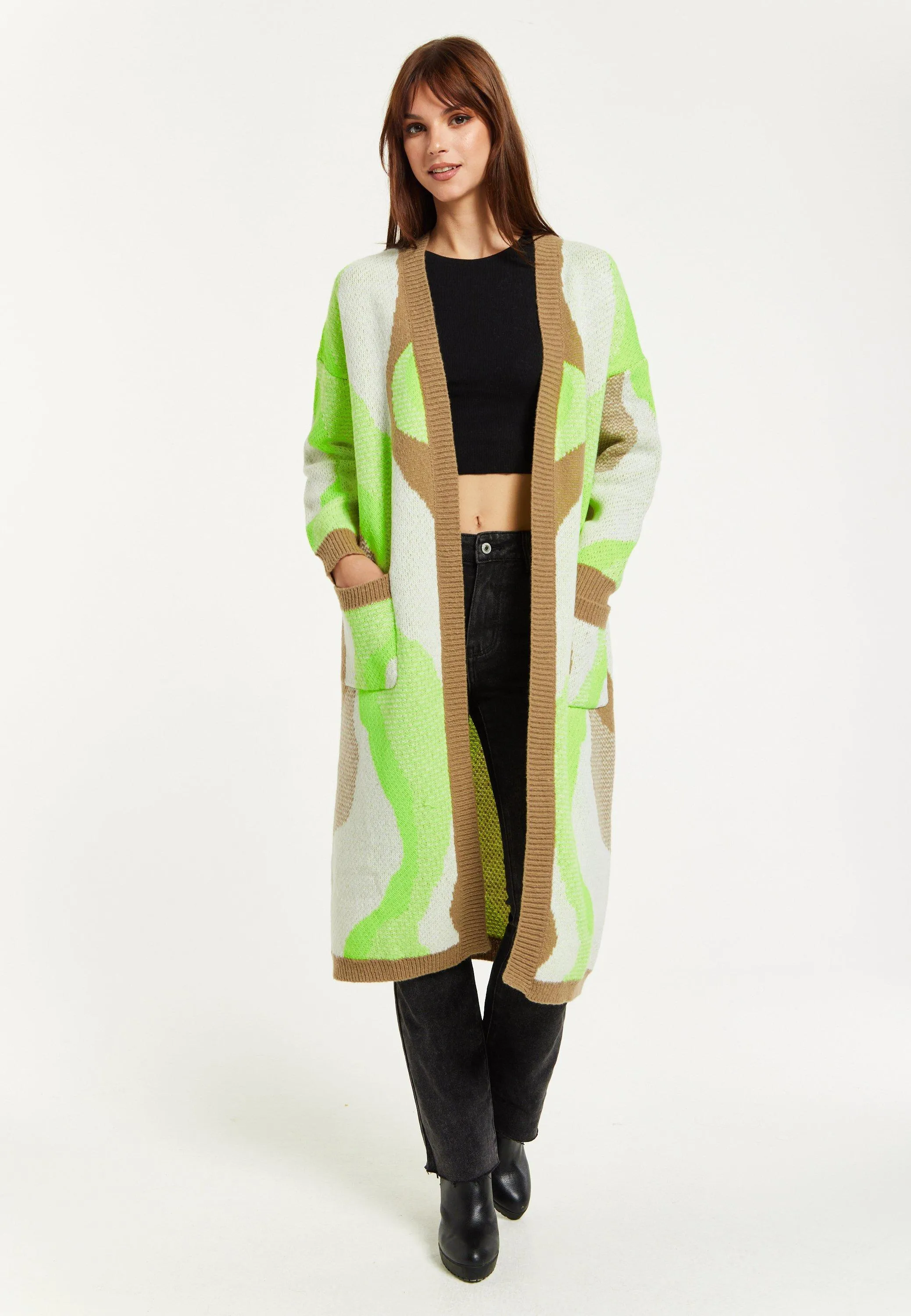 Longline Brown, Green, and White Cardigan