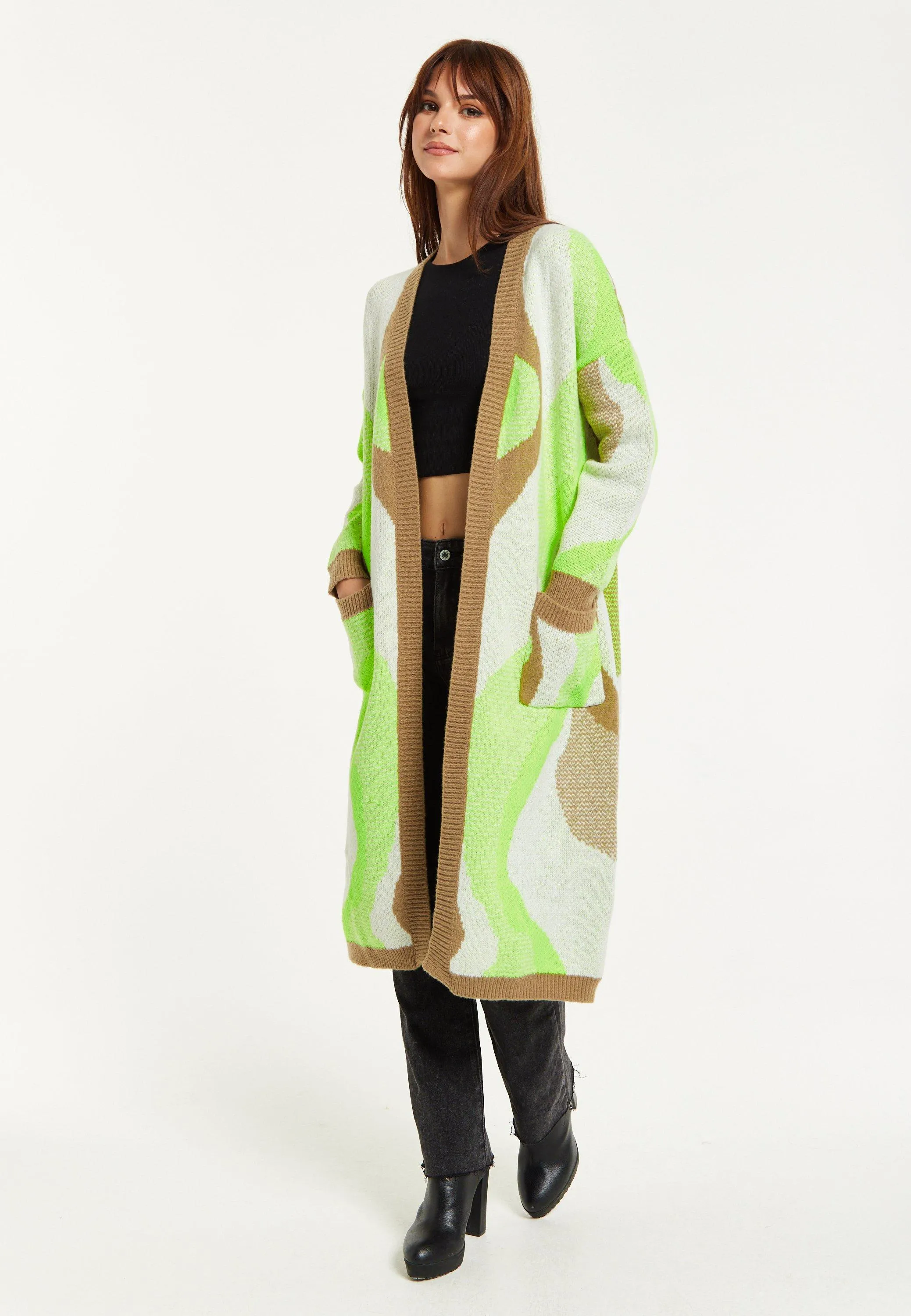 Longline Brown, Green, and White Cardigan