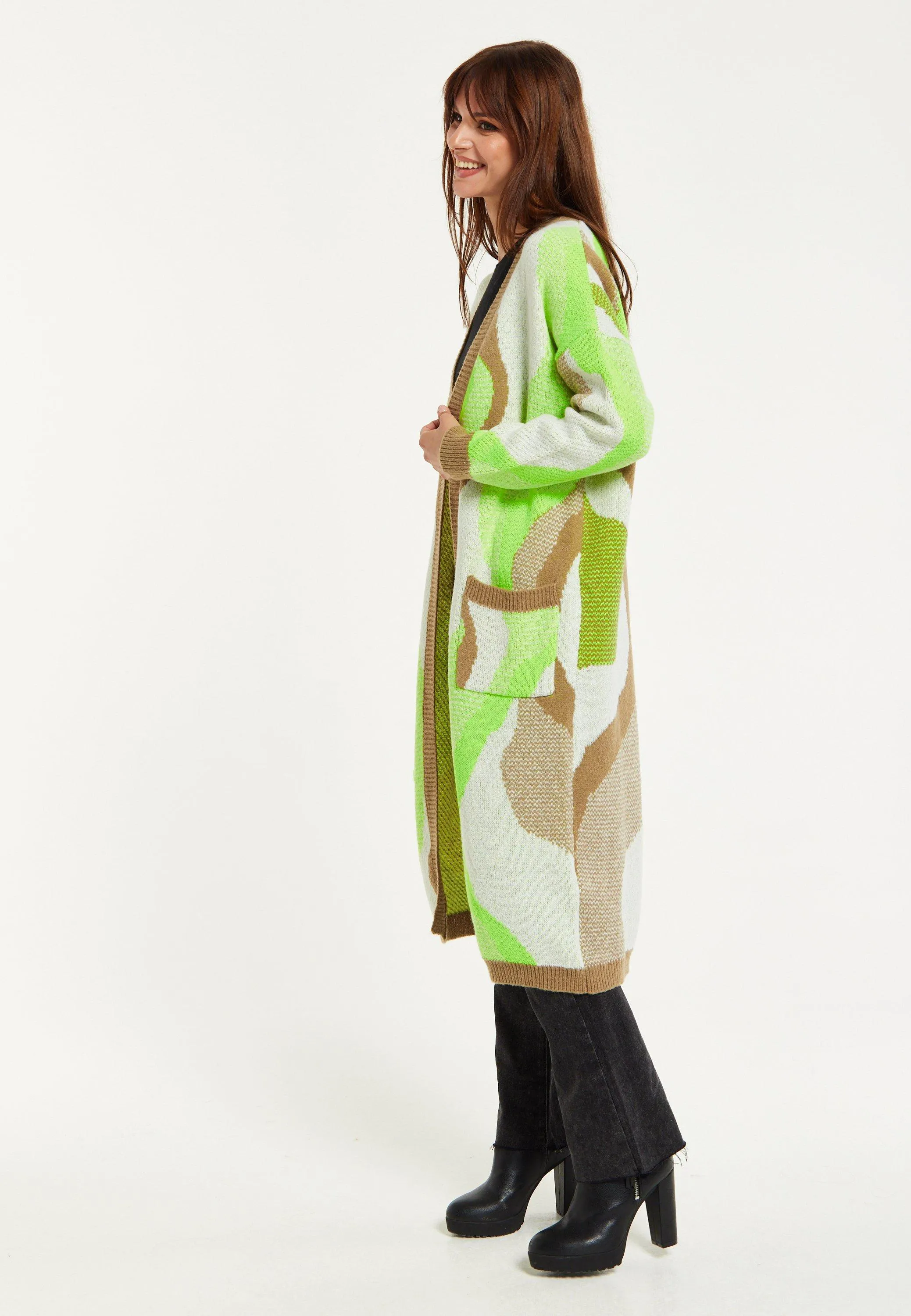 Longline Brown, Green, and White Cardigan