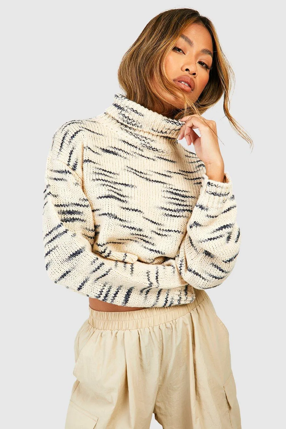 Marl Knit Roll Neck Crop Jumper - Jumpers & Cardigans | boohoo