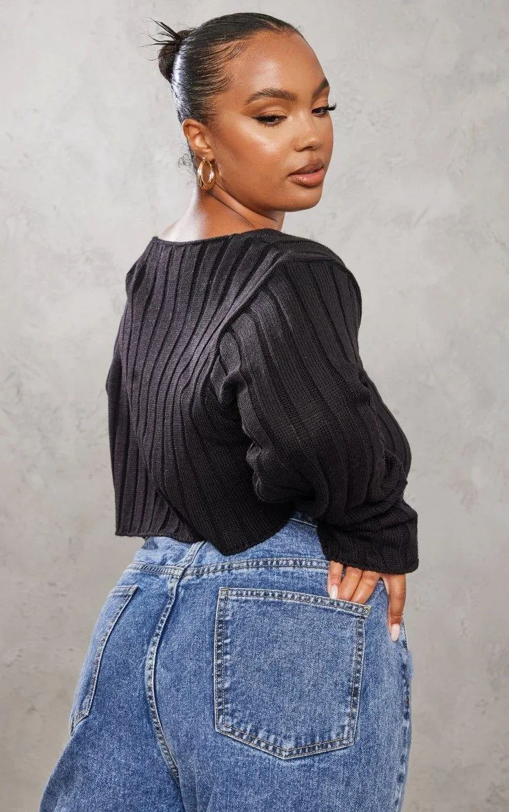 Plus Size Black Chunky Knit Long Sleeve Crop Top