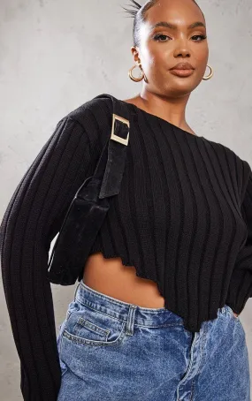 Plus Size Black Chunky Knit Long Sleeve Crop Top