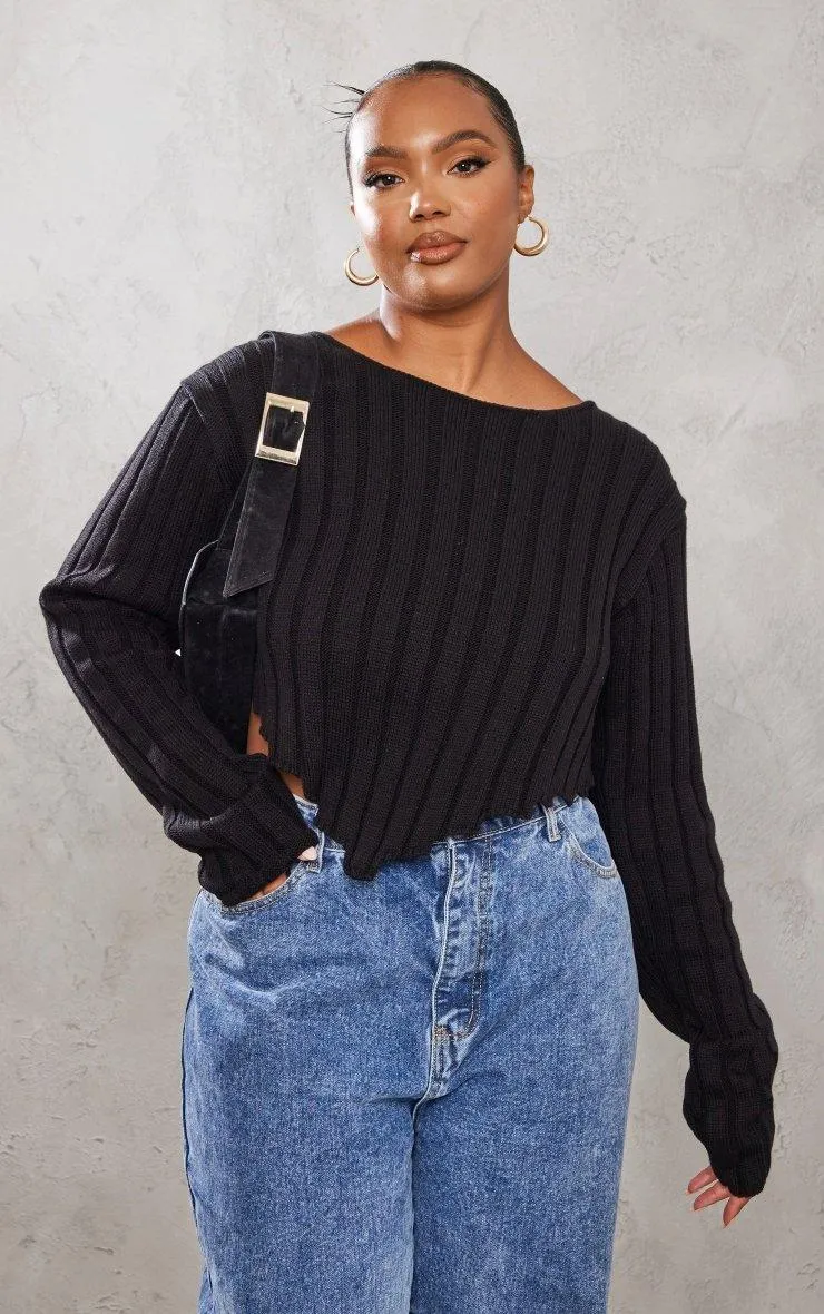 Plus Size Black Chunky Knit Long Sleeve Crop Top