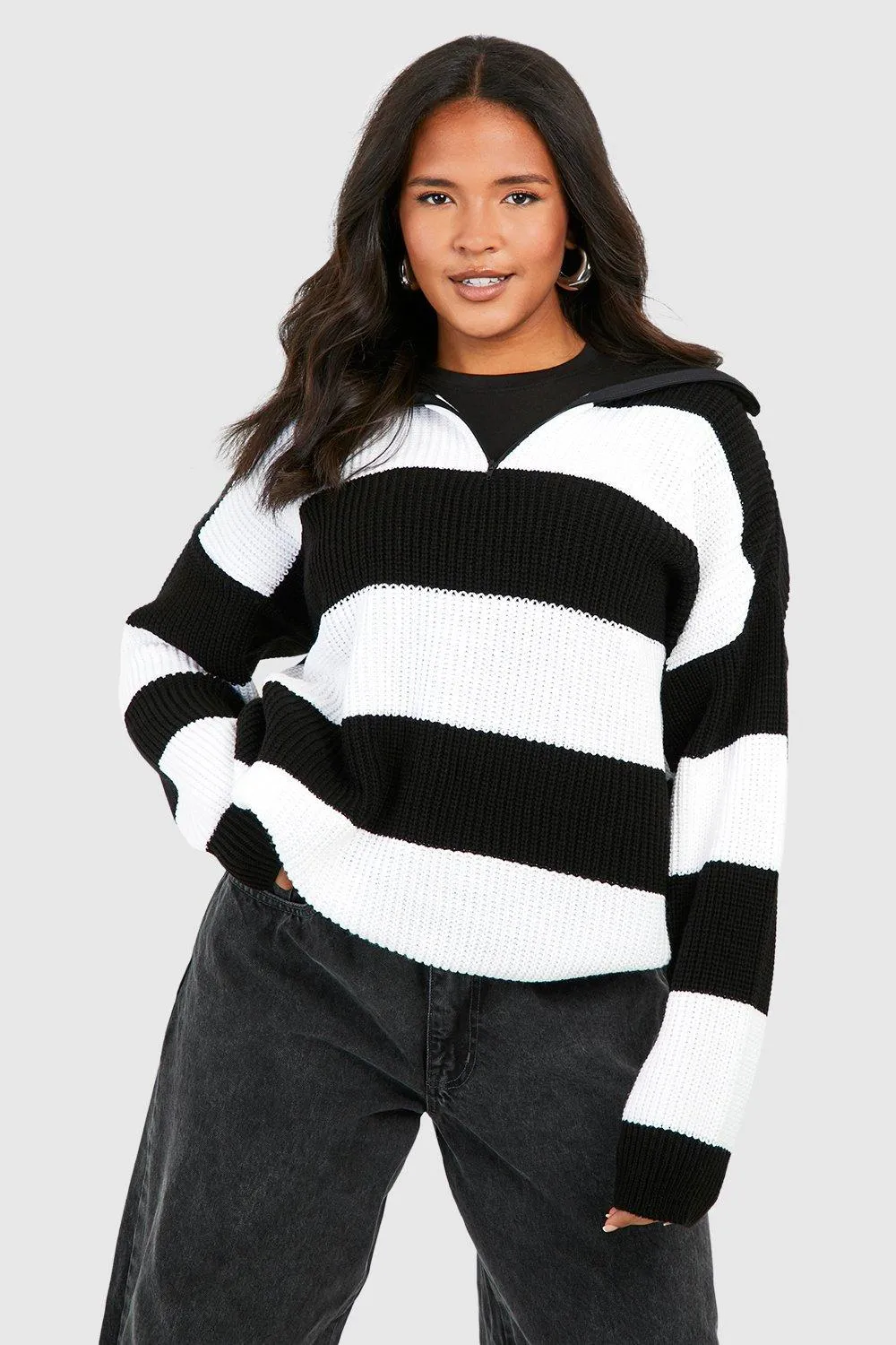 Stripe Half Zip Through Jumper - Plus Size | Jumpers & Cardigans | boohoo