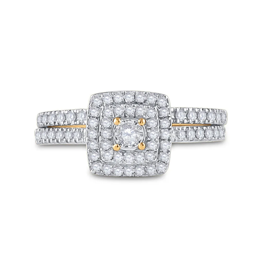 Keene Jewelers 10kt Yellow Gold Round Diamond Halo Bridal Wedding Ring Band Set 1/2 Cttw