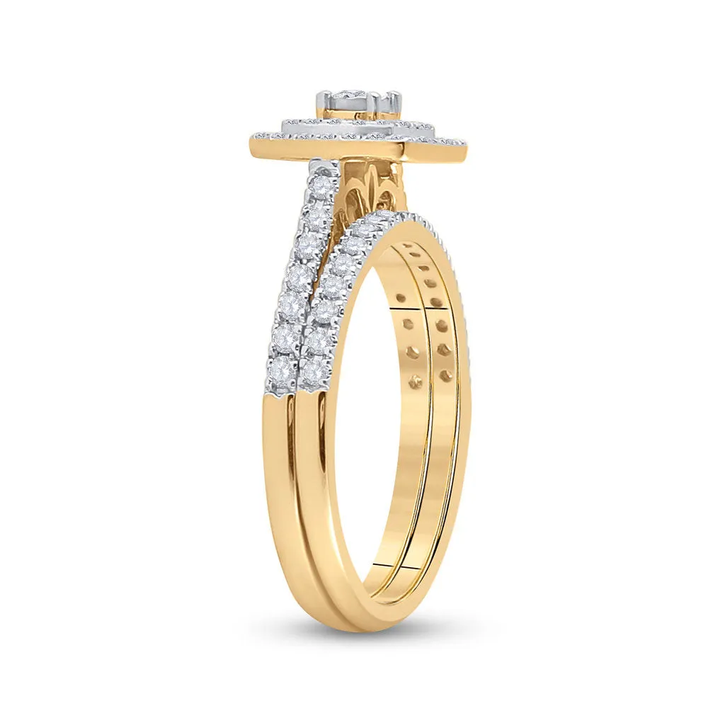 Keene Jewelers 10kt Yellow Gold Round Diamond Halo Bridal Wedding Ring Band Set 1/2 Cttw