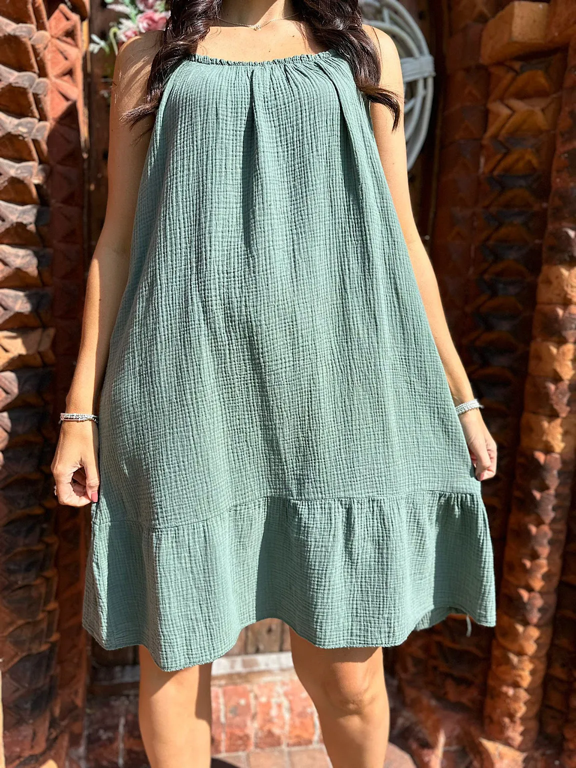 Khaki Cotton Bubble Dress with Straps - Isla