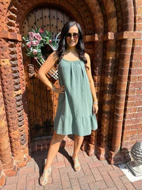 Khaki Cotton Bubble Dress with Straps - Isla