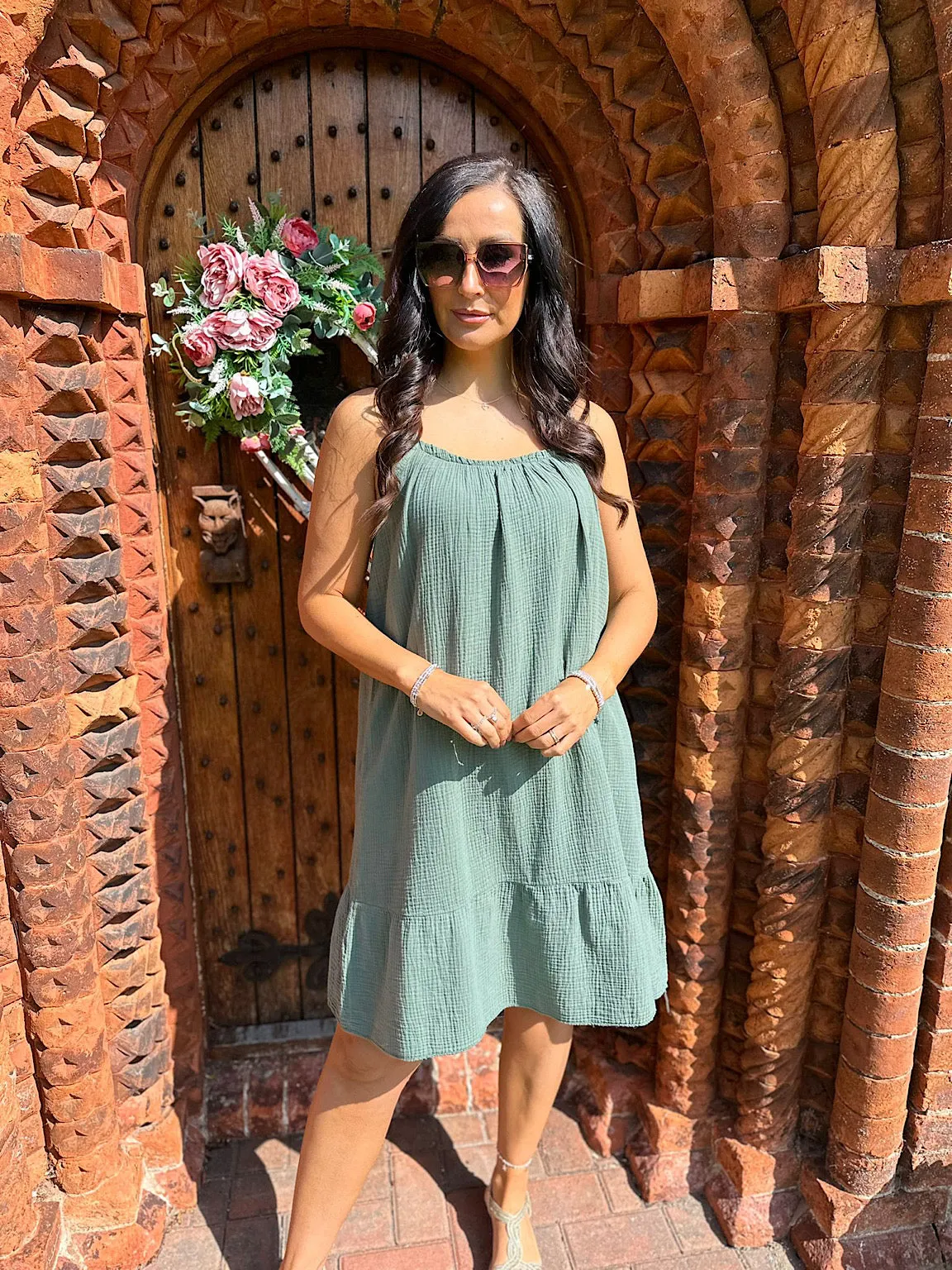 Khaki Cotton Bubble Dress with Straps - Isla